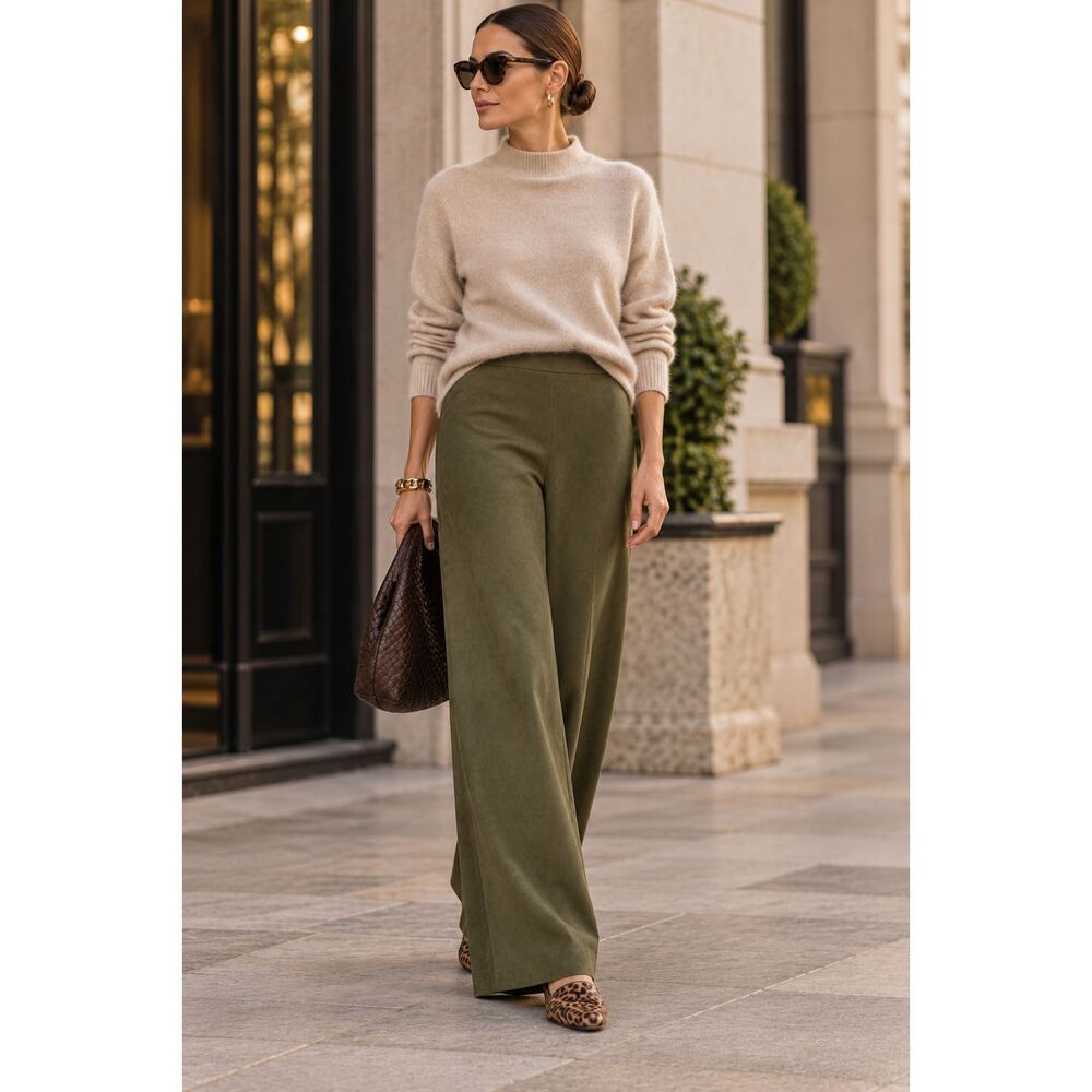 NWT J. McLaughlin Olive Green Faux Suede Wide Leg Pull On Pants Size Medium